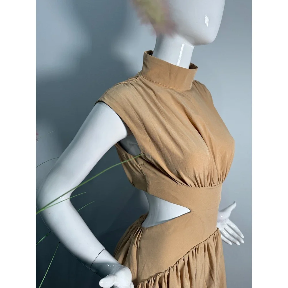 Commense Beige Cutout Maxi Dress High Neck‎  Elegant Flowy size S
